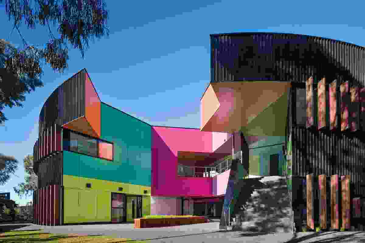 MCR’s design for Ivanhoe Grammar School (2015) showcases flexible learning spaces housed in a radial form that is broken by “an eruption of colourful and chaotic forms.”