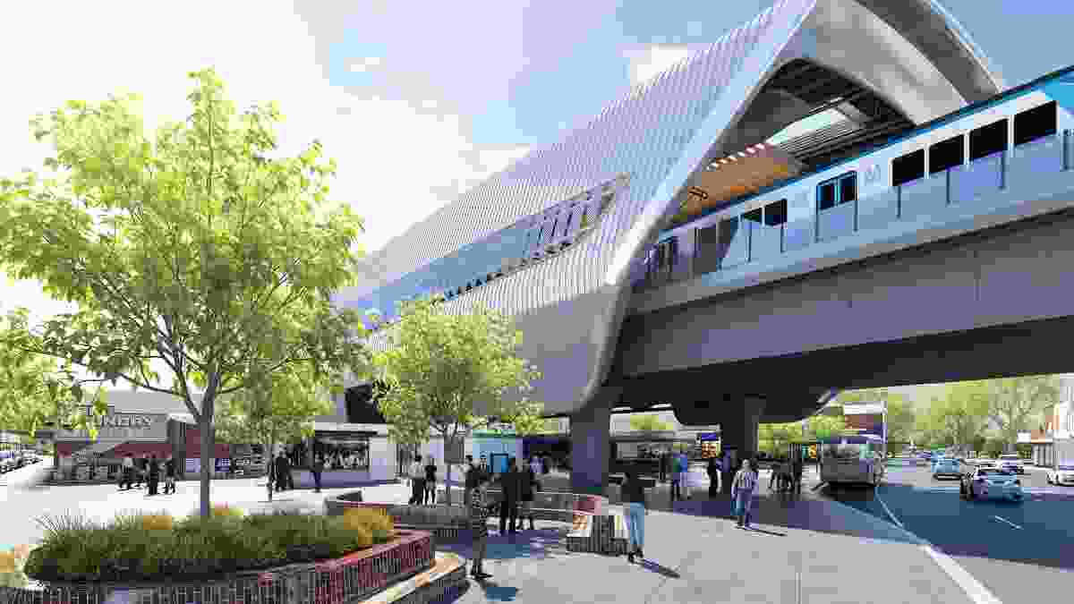 The design for Murrumbeena Station by Cox Architecture is part of a proposal to replace nine level crossings along the Cranbourne-Pakenham line with a “sky rail.” 