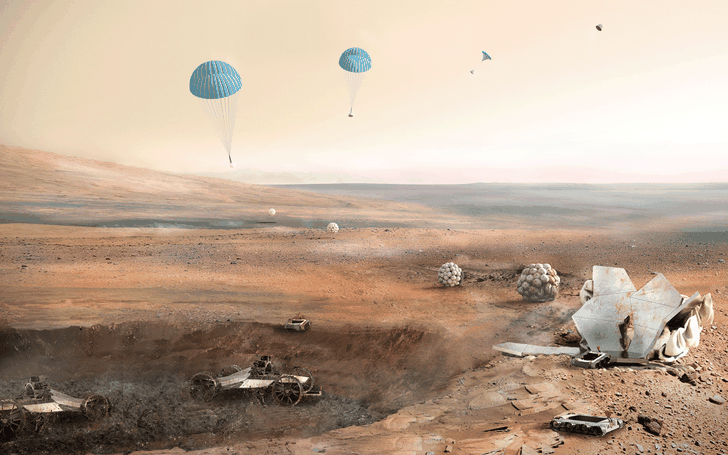 Foster and Partners' design for a Martian settlement uses a team of robots to excavate a 1.5 metre deep crater.