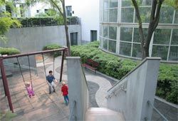 Children often play
in the residential courtyard, adding to the embassy’s
relaxed feeling. The element seen on top of the white
building is not a Denton Corker Marshall addition.
Photographs Ben McMillan.