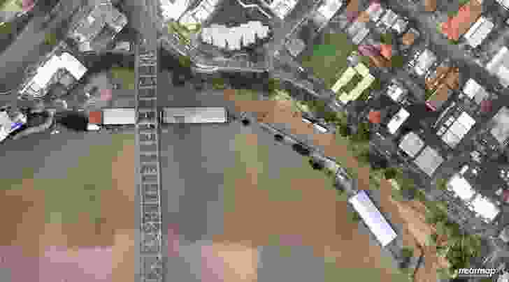 An aerial view of the Howard Smith Wharves site during the January 2011 floods.