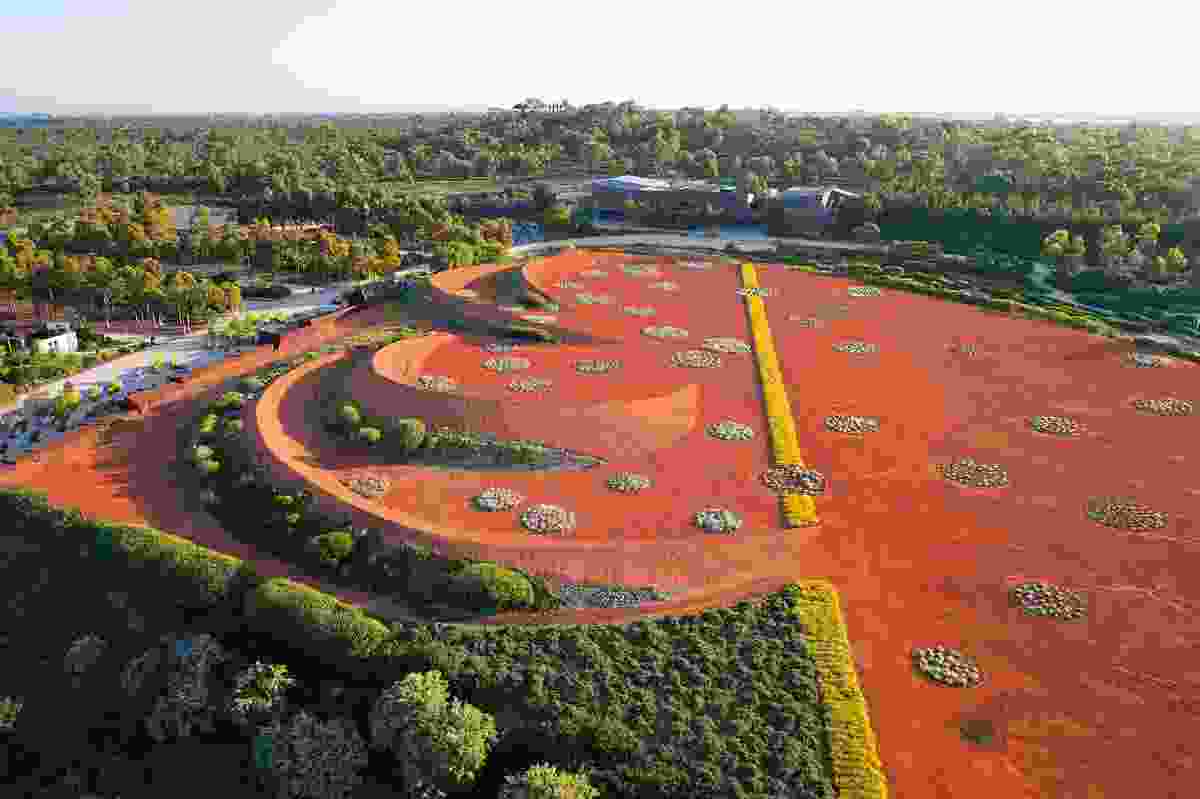 The central sand garden at the Royal Botanic Gardens’ Australian Garden, at Cranbourne in Victoria is an abstraction of Australia’s red, arid centre.