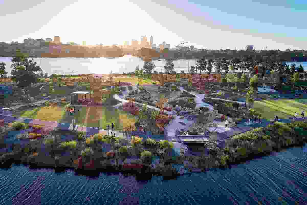 A subtly contoured parkland and three-hectare playground have been created to the east of Optus Stadium, around an existing river-fed lake.
