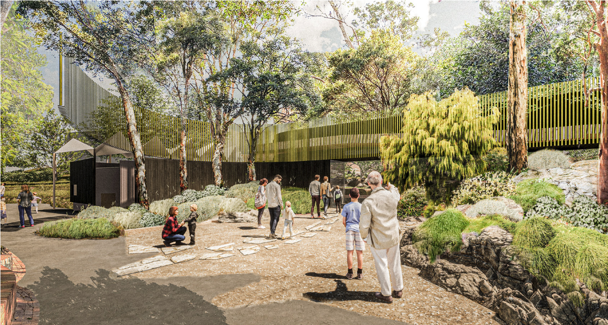 The Western Pavilion and precinct entry of the Upper Australia exhibit at Taronga Zoo by Lahznimmo Architects and Spackman, Mossop and Michaels.