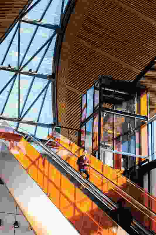 At the elevated stations, such as Norwest, colour is cast across the concourse floor during the day and outward after dark.