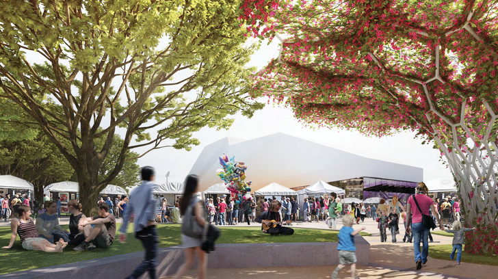 A market event in the proposed redevelopment of Adelaide Festival Plaza designed by ARM Architecture and Taylor Cullity Lethlean.