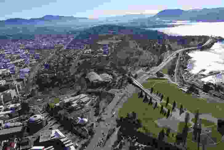 Aerial view of the proposed Tasman Highway Memorial Bridge by Denton Corker Marshall