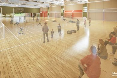 Architectural render of the multipurpose sporting courts at the Disability Sport Centre of Excellence.