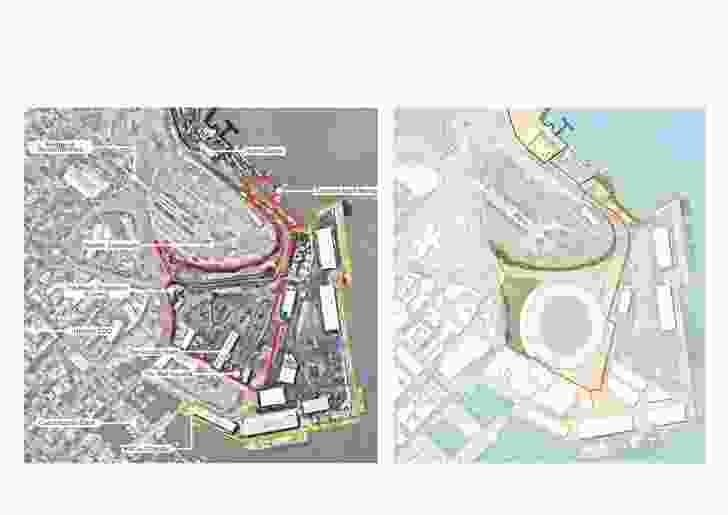 Left: Plan showing existing conditions at the Mac Point site. Right: Plan showing proposed Mac Point stadium, located immediately behind the cluster of waterfront heritage buildings. The Goods Shed that was retained and repurposed in all previous plans is slated for demolition to make way for the stadium.