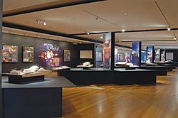 A layer of balsa models sits in front of large wall panels and silent slow tracking film.Images courtesy of Queensland Art Gallery.