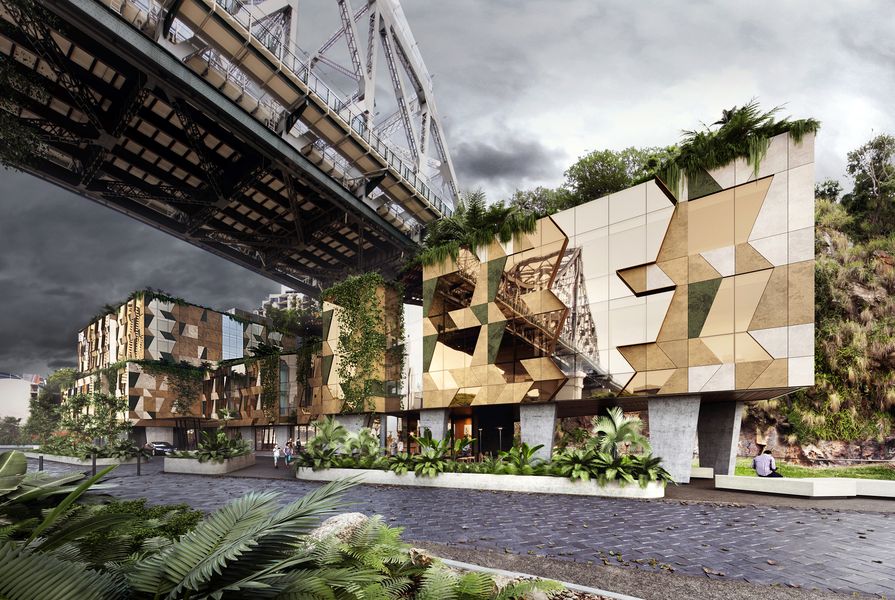 The proposed Art Series hotel’s façade is designed to blend into the cliff face with natural tones and textures.