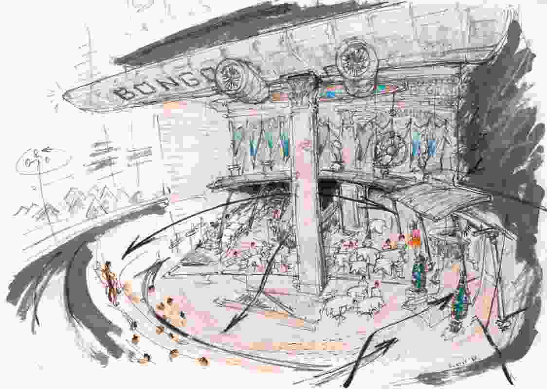 Nigel Coates, sketch for Caffè Bongo in Tokyo (1986) – a period of frenzied public interest in the glamour of architecture.