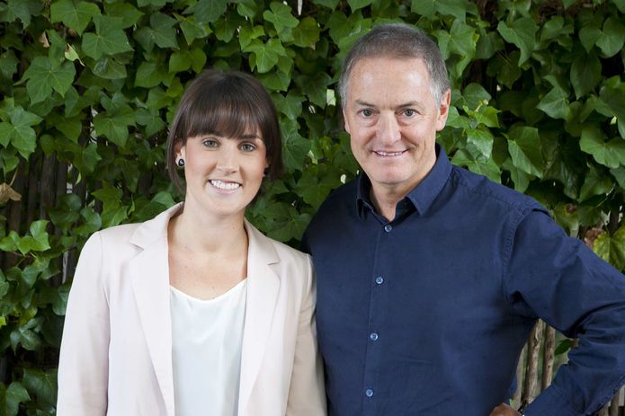 Houses editor Katelin Butler with architect John Wardle at the Walsh Street House by Robin Boyd.