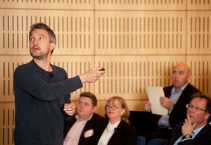 Design Speaks: Workplace/Worklife 2013 keynote speaker, Oliver Marlow of Tilt presenting. Looking on are (L–R): Cameron Bruhn (Architecture Media), Rosemary Kirkby (Rosemary Kirkby & Associates), moderator James Calder (Calder Consultants) and Peter Marix-Evans (ISIS).