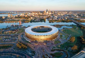 The roof, a “simple and singular signature,” makes the stadium a recognizable gateway to the city.