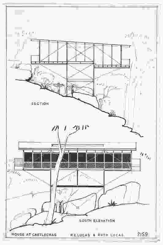 Original section and south elevation for House at Castlecrag by Bill and Ruth Lucas, architects in association (1957).