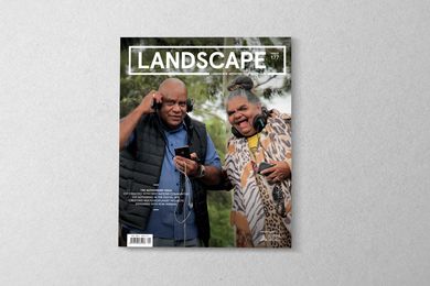 The cover of the February 2023 edition of Landscape Architecture Australia. Yalinguth is a site-specific app for mobile phones that immerses listeners in First Nations stories. Elders Uncle Bobby Nicholls (L) and Aunty Rieo Ellis (R) test the app.