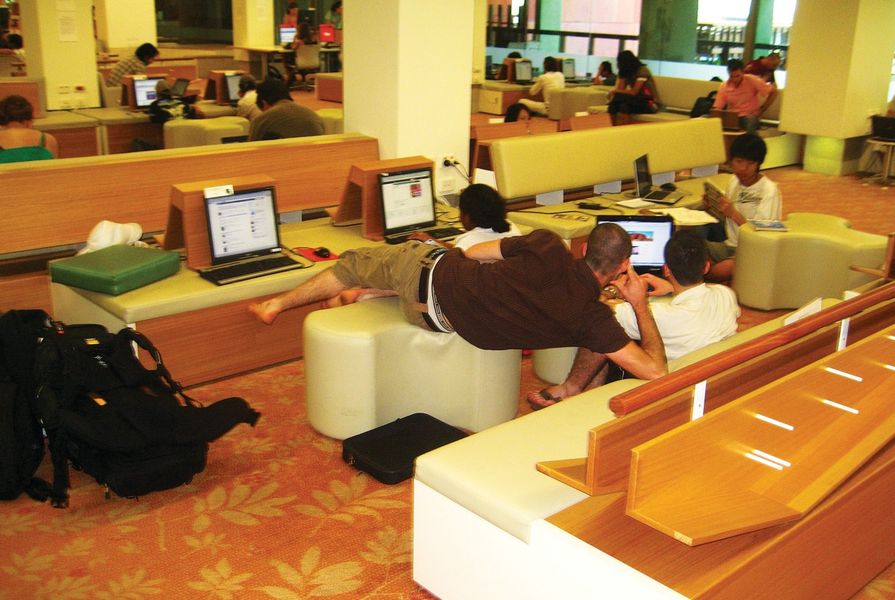 Library users connect in a common space.