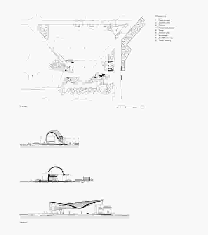 Plans and section of James Cook University Central Plaza by Cox Architecture, Counterpoint Architecture, UAP, Megan Cope, RPS Group.