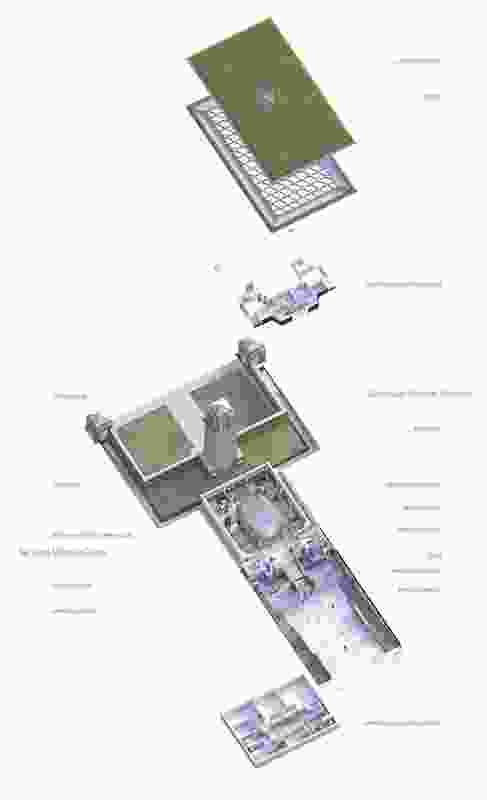 An exploded axonometric diagram of the proposed centre.