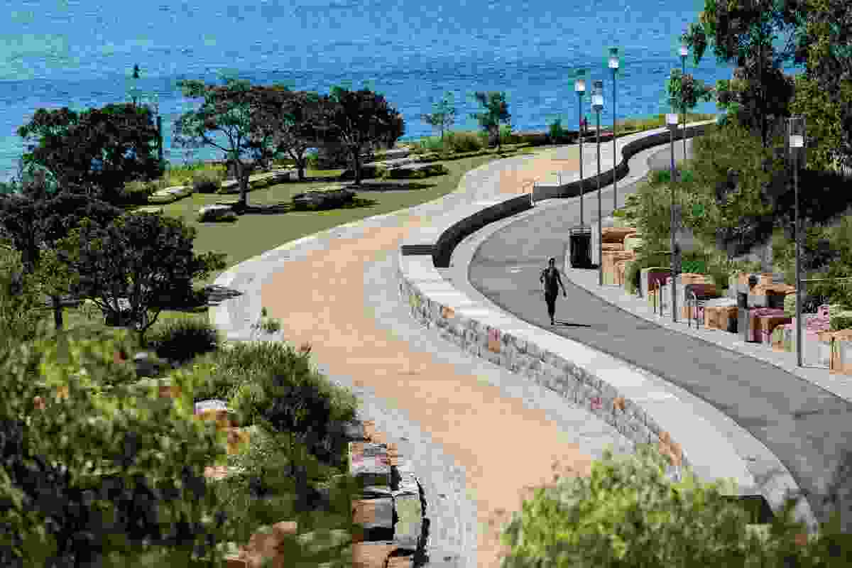 A curved walkway and cycleway follow the shoreline. 