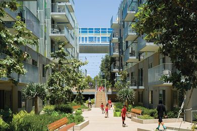 The Belmar Apartments in Santa Monica, California (2014) contributes 160 units of affordable housing to the Ocean Avenue South Development on one side of a public walk. Collaborators: Moore Ruble Yudell Architects and Planners (masterplan partner), KTGY Architecture and Planning (architect of record).
