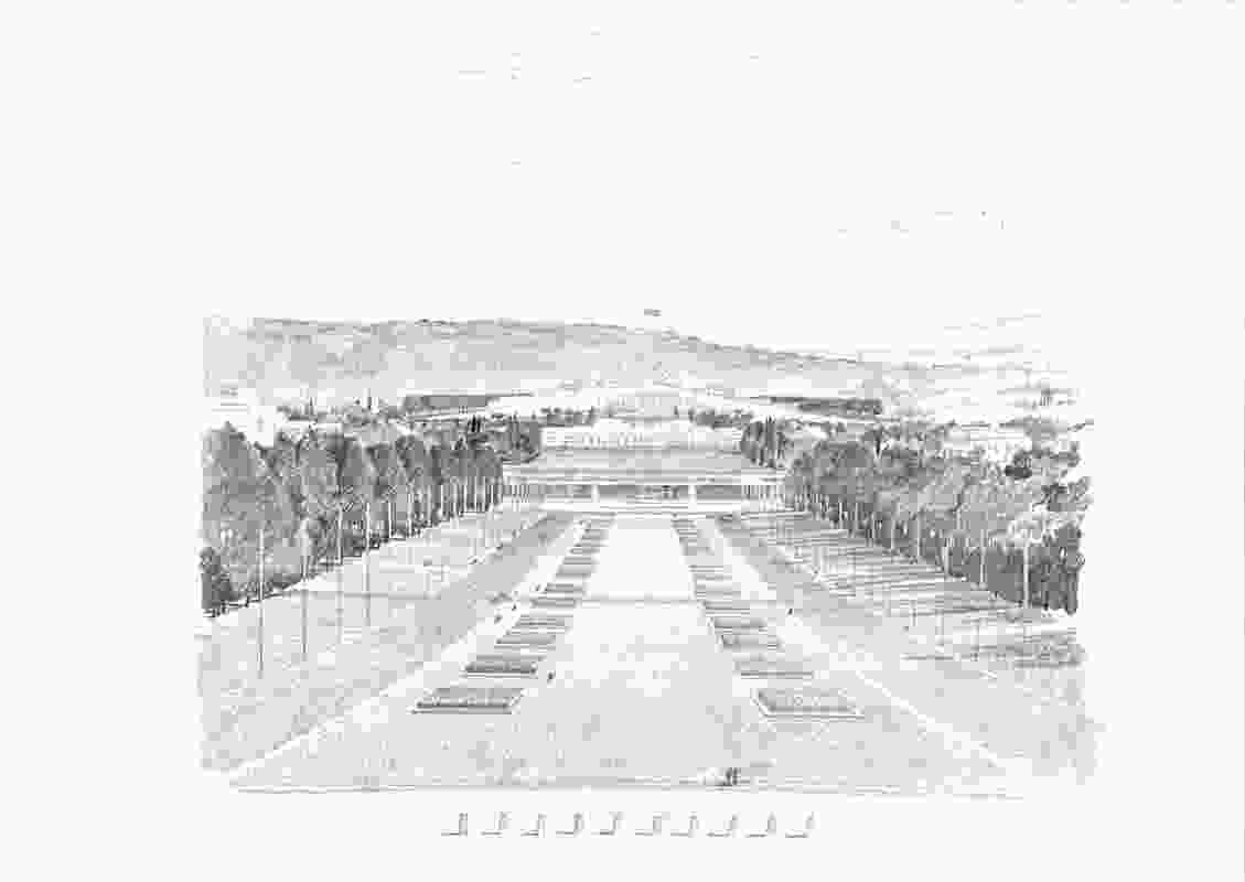 View from Anzac Parade, Parliament House, Canberra, 1981. Pencil on paper vellum.