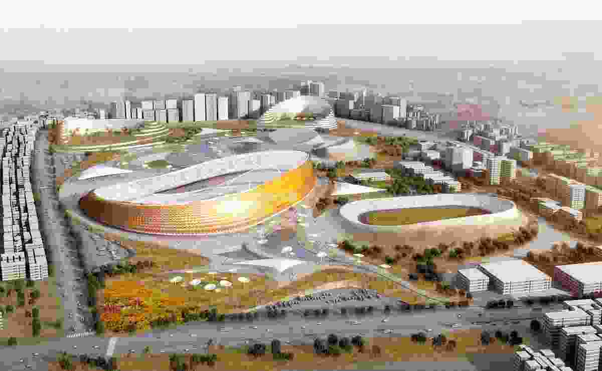 A render of a new stadium to be built in Addis Ababa, by design consortium LAVA, Designsport and JDAW.