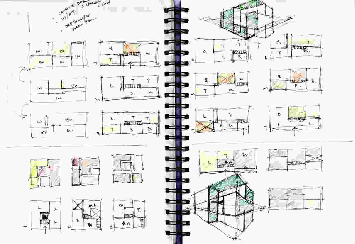 Puzzle House 2011. A sketchbook, showing the derivation of the 7.5 by 7.5 by 7.5 metre holiday house.