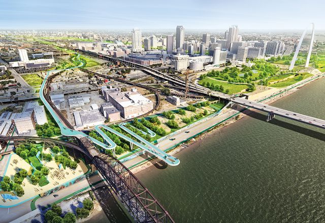 The design for the Chouteau Greenway in Missouri, led by Stoss Landscape Urbanism aims to connect St. Louis’s Forest Park with its Gateway Arch and adjacent neighbourhoods providing opportunities for diverse collective experiences.