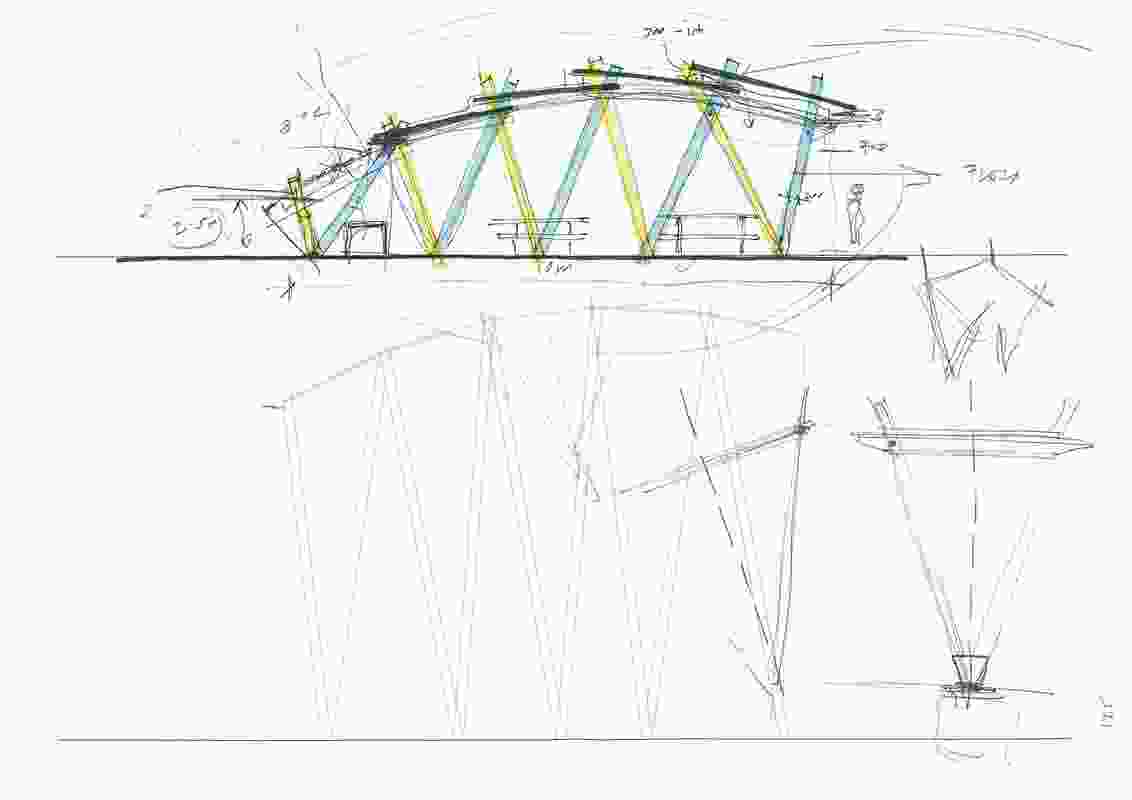 An early elevation sketch of the shelter structures at Mersey Bluff precinct in Devonport, Tasmania by Hansen Partnership.