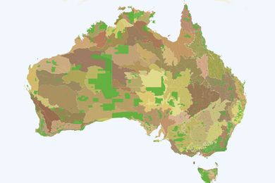 1. Australia’s Eighty-five IBRA Bioregions and 405 Subregions superimposed with current protected areas in green.