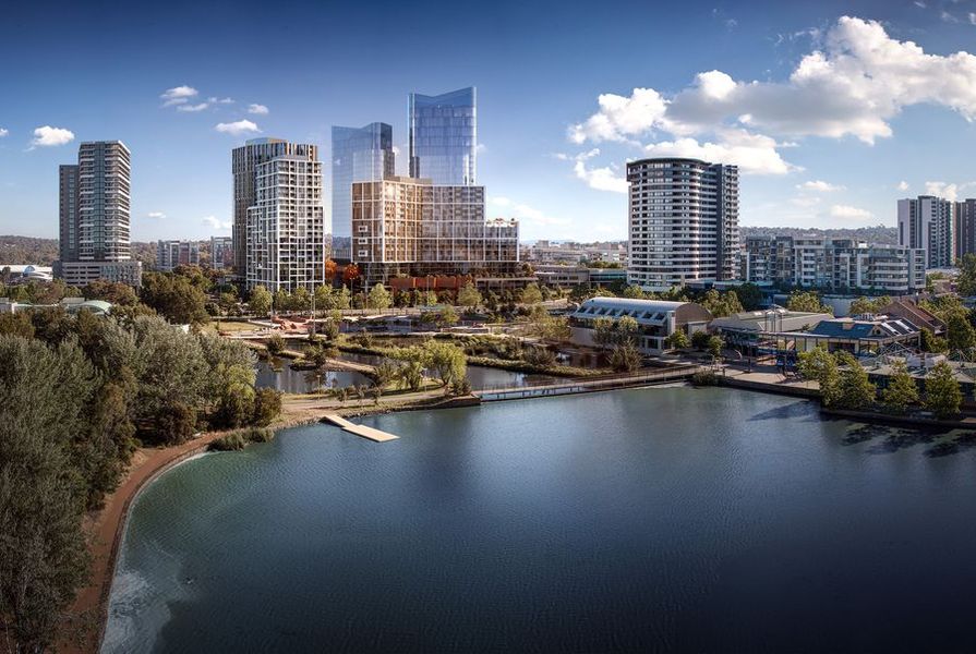 The view of Fender Katsalidis Architects’ Republic – set to become Canberra's tallest building – from Lake Ginninderra.