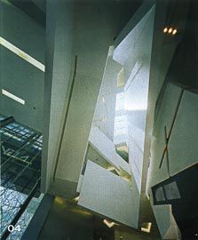 Looking up though the well housing elevators in the ground level entry foyer. Image: Trevor Mein.