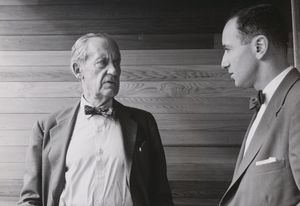 Walter Gropius and Harry Seidler, taken in 1954 at Seidler's under-construction Julian Rose House (Wahroonga NSW).