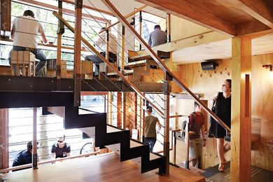 Unlike most cafe interiors, Flipboard Cafe is vertically oriented with the help of a central staircase.