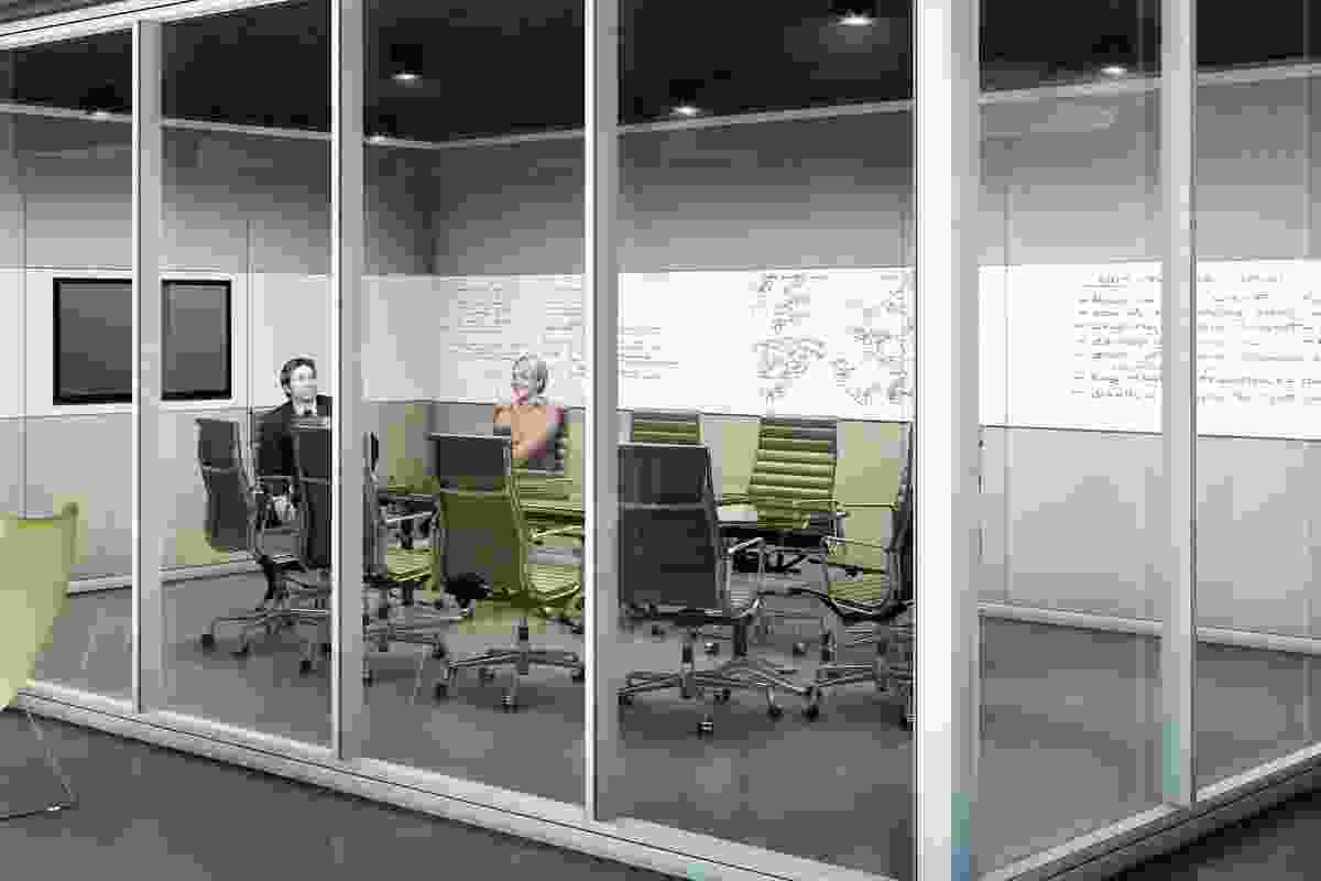 Shift partitioning with clear glass panels.