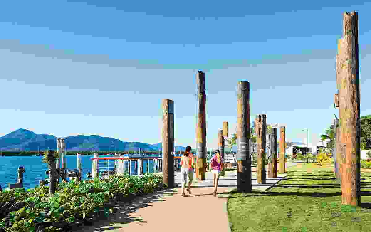 Totems of recycled piers tell Indigenous stories of the landscape.