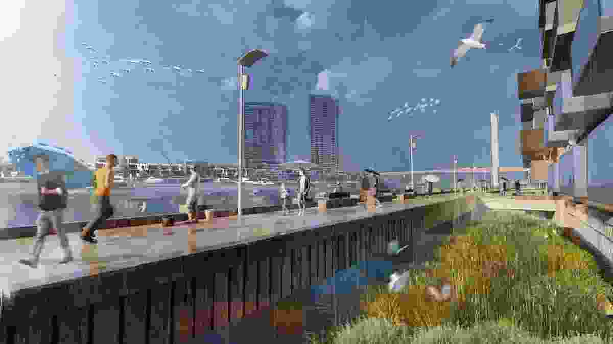 Design ideas for North Wharf Road river frontage in City of Melbourne's Greenline project by Aspect Studios and TCL.