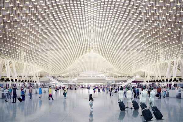 The interior of Taoyuan Airport’s Terminal 3 in Taiwan designed by Rogers Stirk Harbour and Partners.