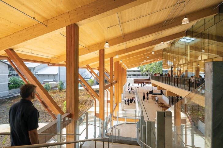 The building is a lively “linear social condenser,” with mass timber eaves shading outdoor informal learning spaces.
