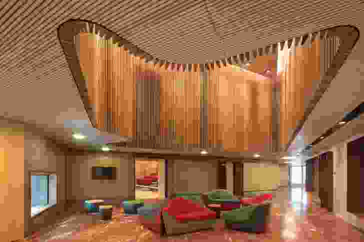 Australian materials recur throughout the project: the floor of the chancery lobby is made from Pilbara red stone and the elaborate ceiling showcases blackbutt.