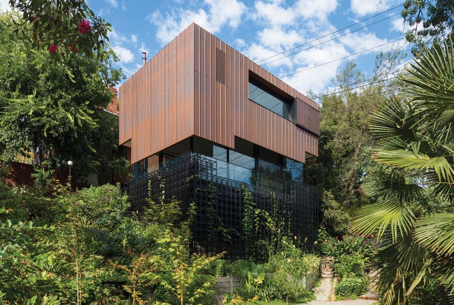 In time, the home will recede into the rambling landscape –its copper shroud will patina into washes of green and foliage will climb its blackened space frame.
