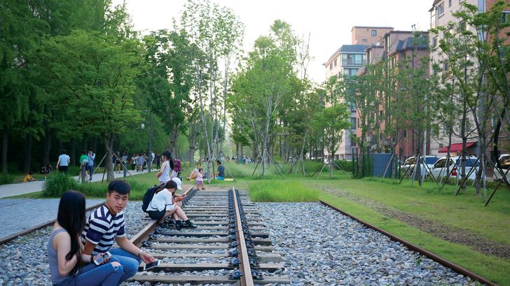 Gyeongui Line Forest Park by DSW Landscape Design and Construction Co. is a linear park converted from an abandoned railway in 2015.