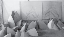 Photograph of Utzon’s studio in Denmark, 1960, with roof segments. By permission of the National Library of Australia.