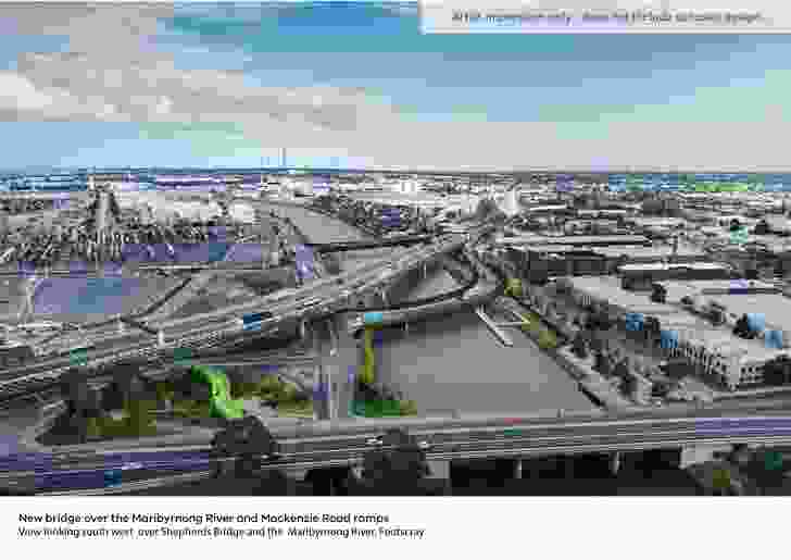 The veloway forms part of the $5.5 billion West Gate Tunnel Project. Pictured here in the foreground is Shepherd Bridge, Footscray. 