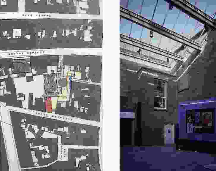 Plan of the surrounds of the Irish Film Institute 
(1992) in Temple Bar, Dublin, and its interior. 