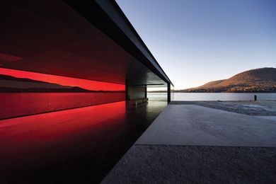 The simple and elemental pavilion at Wilkinsons Point, delivered as part of Stage Two, juts out into the bay.