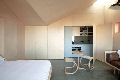 The plywood skin offers continuity across walls, joinery and the unique vaulted ceiling.
