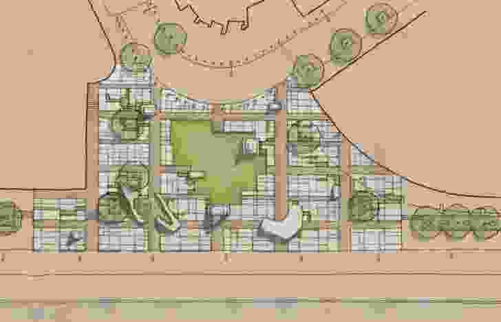 Monument Park’s site plan features a “concrete carpet” drawn from the original Hoddle Grid plan for Melbourne.